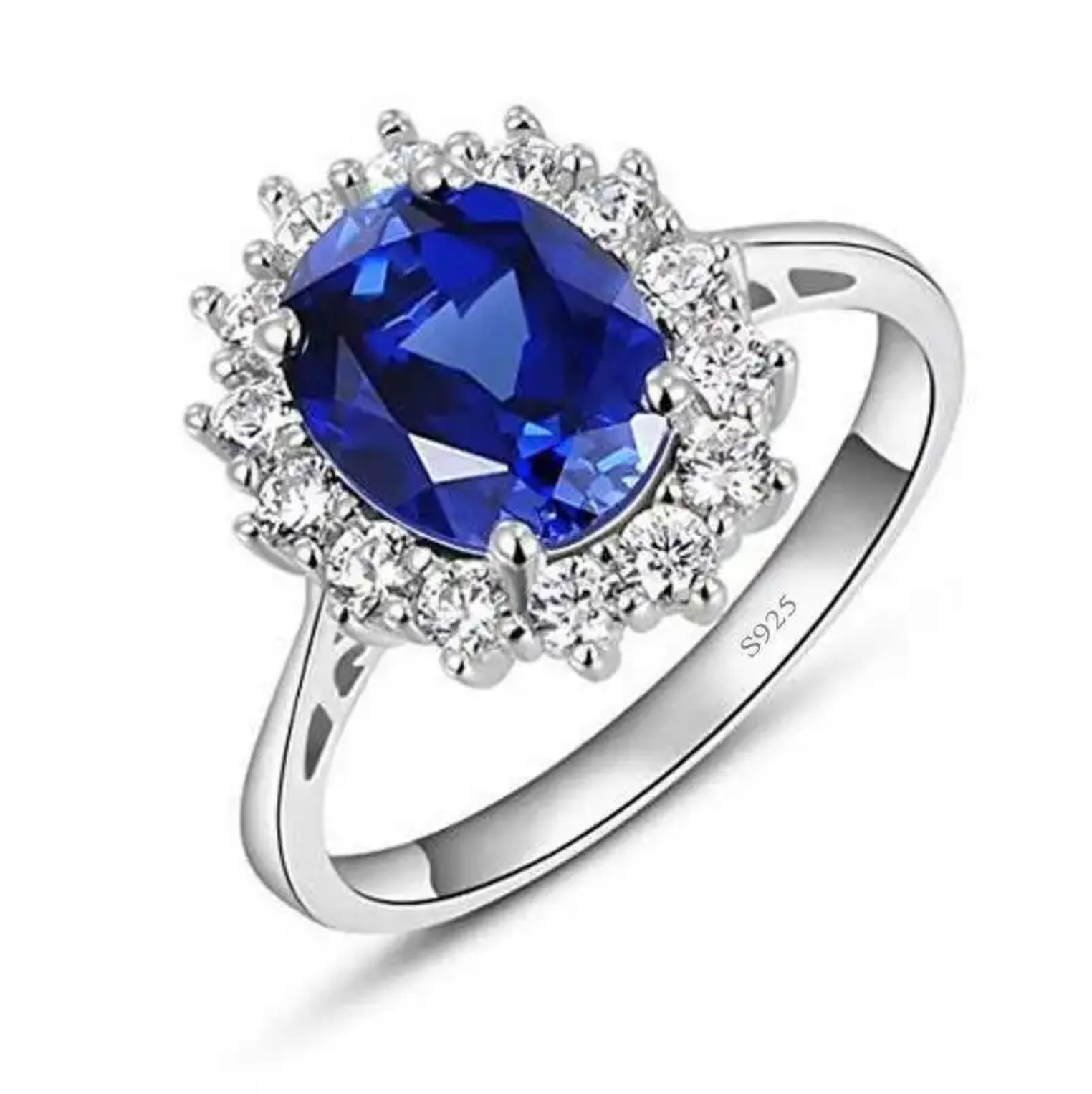 anillo halo plata azul moissanitas