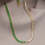 collar tennis de zirconias verdes y blancas, collar tennis con zirconias gold plated 18k, joyería baño de oro 18k, joyería, joyería mexicana