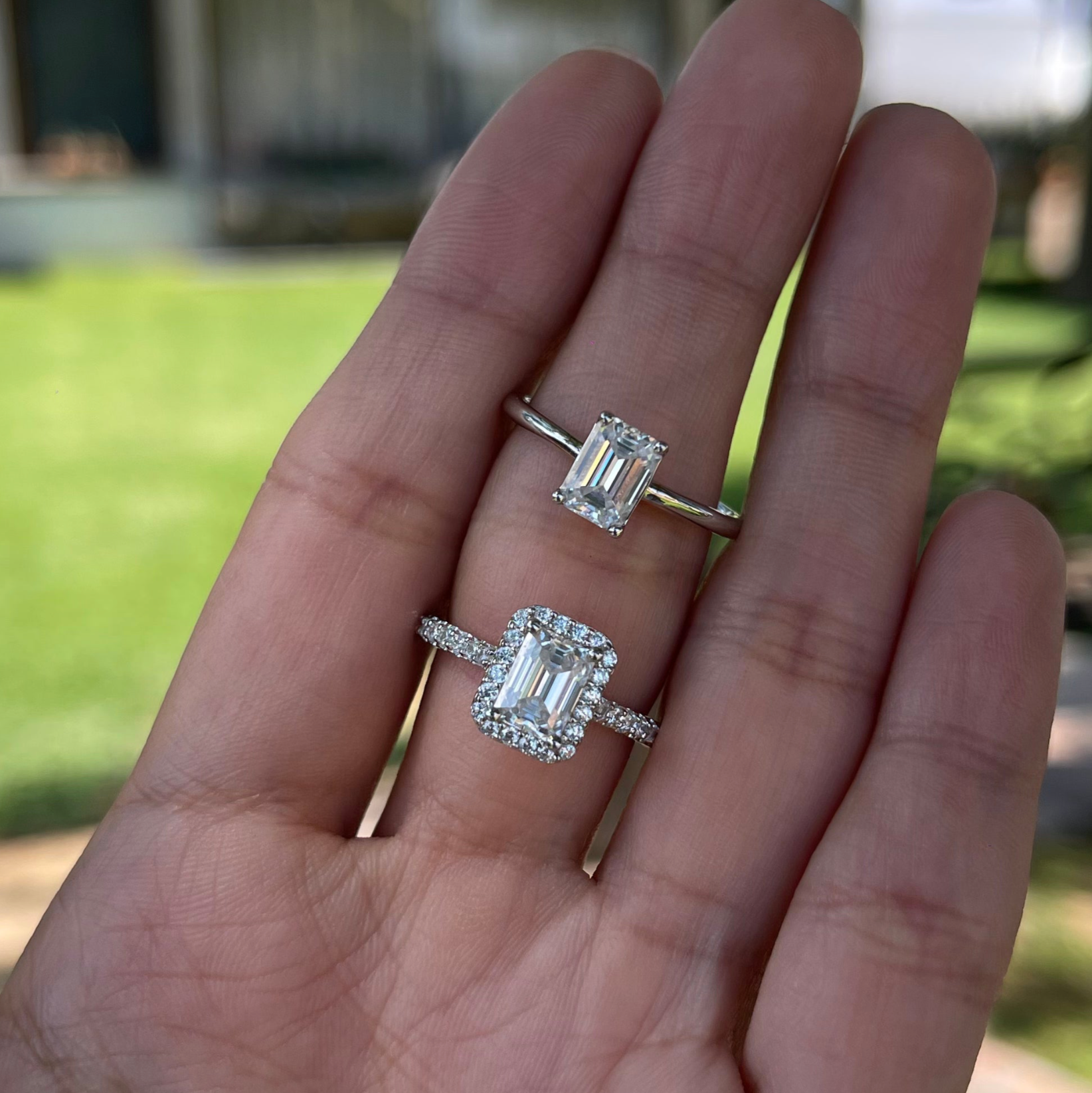 halo emerald cut ring moissanites diamond