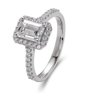 anillo halo corte esmeralda moissanita diamante