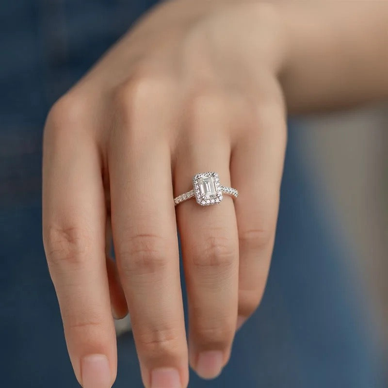 halo emerald cut ring moissanites diamond